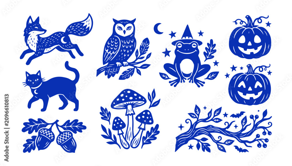 Fototapeta premium Halloween icons set with blue illustrations of animals, pumpkins, and plants on white background, Linocut, wood cut