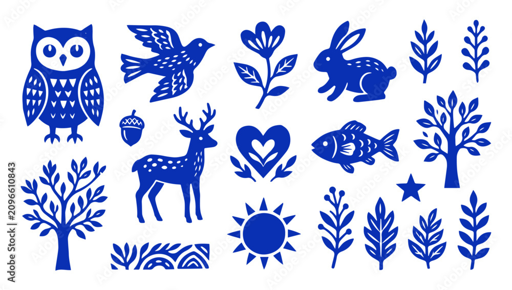 Obraz premium Nature icons set with animals, plants and symbols in blue silhouette style on white, Linocut, stamp