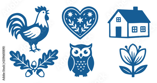 Blue icons of rooster, heart, house, leaves, owl, and flower on white background, Linocut, wood cut