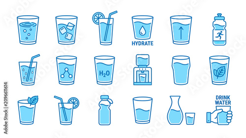 Tableau sur toile Hydration and Refreshment Icons: Water Glasses, Bottles, and Drinks