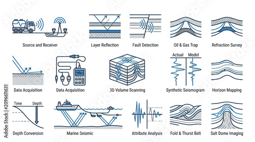 Foto Seismic Exploration and Oil Gas Exploration Icons