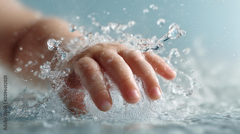 Fototapeta premium Tiny hand reaches into bubbly, sparkling water.