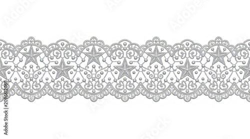 silver star lace border set with elegant floral embroidery pattern for luxury wedding invitation and classic textile design isolated on transparent background high resolution