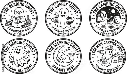 Tableau sur toile Ghost icons, spooky stickers, black and white, circular labels, ghostly characte