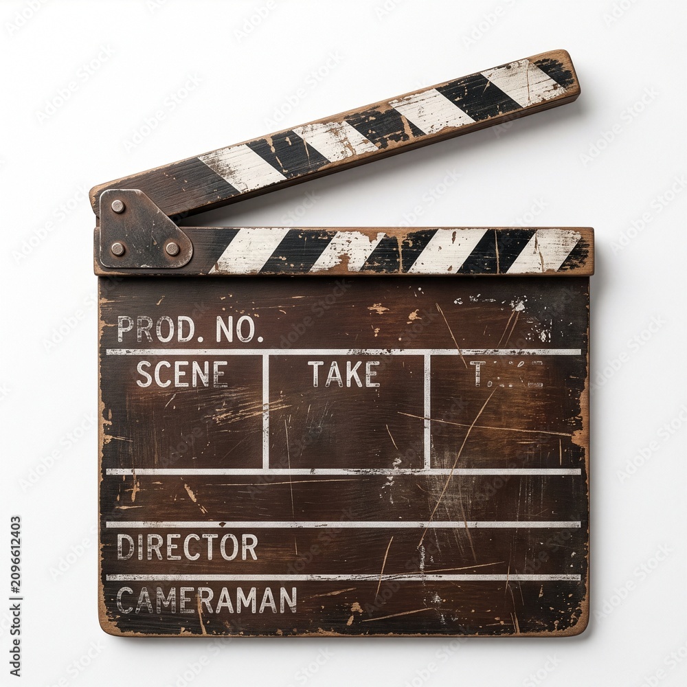 Fototapeta premium Vintage rustic wooden movie clapperboard with realistic wear and scratches isolated on a clean white background