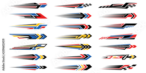 Set of colorful racing decals and speed stripes for car vinyl wrap design with dynamic arrow and checkered patterns