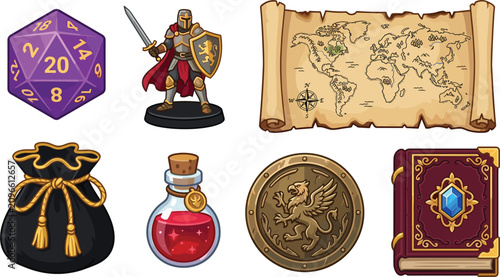 Schilderij op canvas Tabletop Roleplaying Game RPG Vector Set with Twenty Sided Dice Knight Miniature