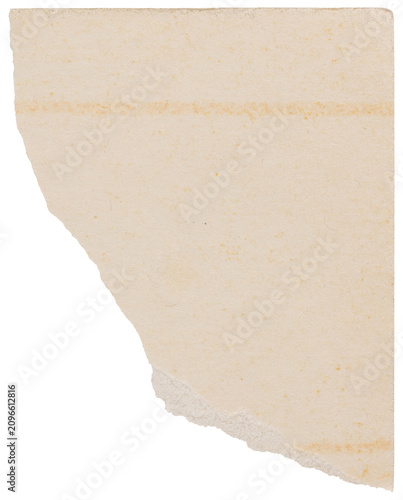 Ripped corner from old vintage book sheet, faded paper scrap isolated for design