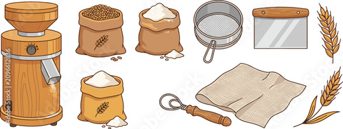 Tableau sur toile Traditional Home Flour Milling and Baking Tool Set with Electric Stone Grain Mil