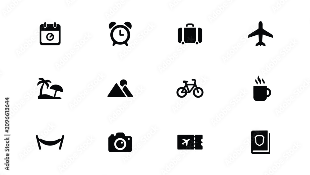 Naklejka premium Minimalist black icons set featuring travel leisure and daily life symbols on white background with monochromatic grid twelve minimalist icons