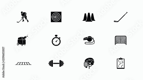 Photography Minimalist black and white sports equipment and activity icons set on light back