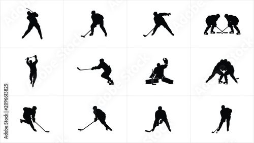 Photography Dynamic black silhouettes of ice hockey players in action with set against clean