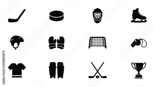 Canvas Print Minimalist black ice hockey equipment and trophy icon set for sports branding wi