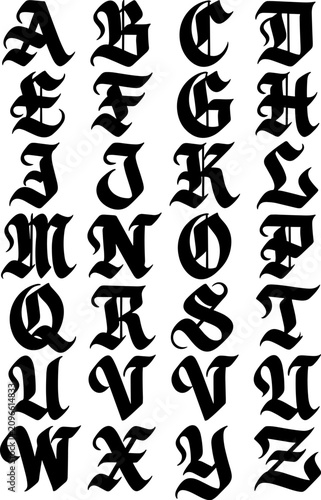 calligraphic blackletter font alphabet in black over white