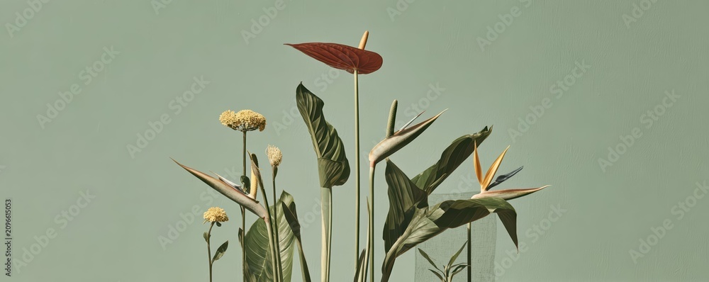 Obraz premium Panoramic shot of exotic flowers including bird of paradise, anthurium, and orchids in bold colors. Minimal, clean background and soft lighting highlight high-end floral photography.