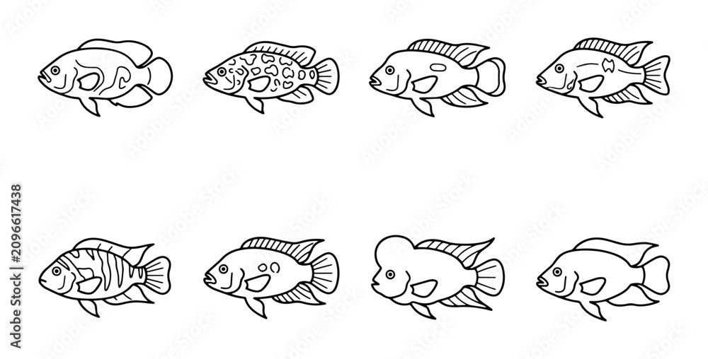 Obraz premium Set of 8 Diverse Fish Illustrations, Aquatic Life Vector Icons, Simple Line Art Marine Animals