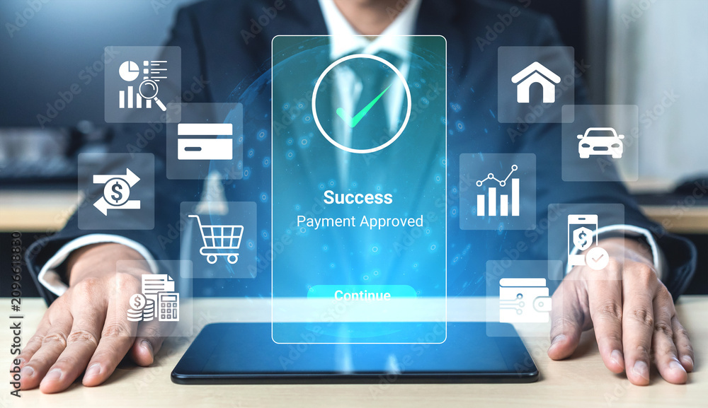 Fototapeta premium Businessman Approves Payment on Tablet Displaying Success Notification with Interactive Digital Icons Representing Transactions and Financial Activities. Glyphic.