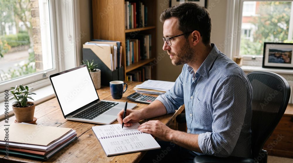 Obraz premium Man working from home at desk with laptop notebook and calculator