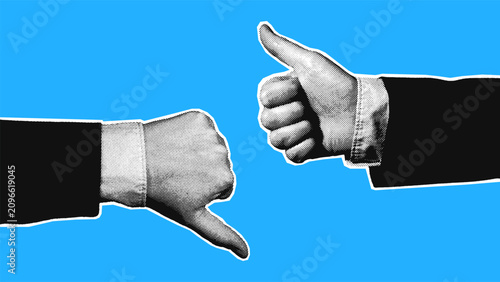 Foto Two halftone businessman hands showing thumbs up and thumbs down on blue background