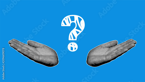 Cuadro en lienzo Halftone hands in shrug gesture with scribble question mark on blue background