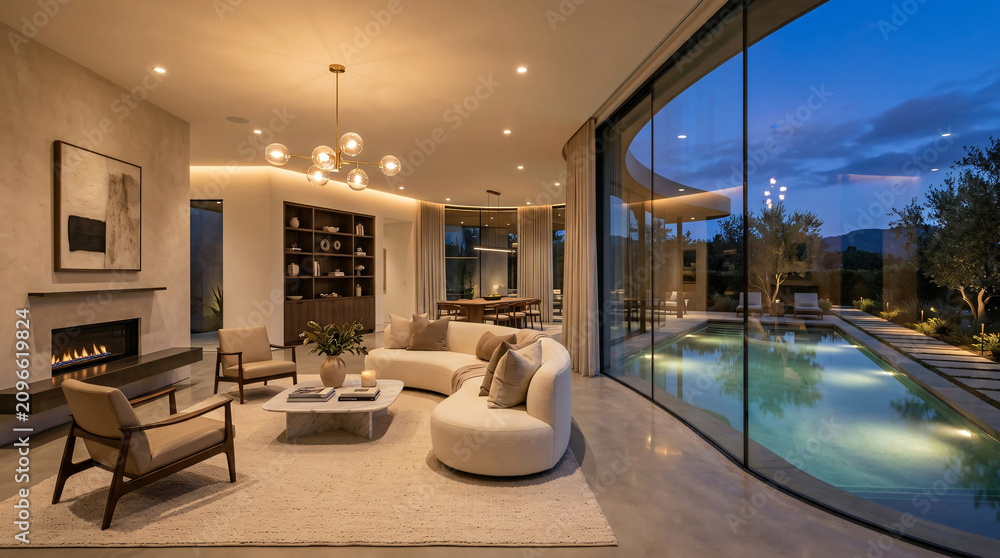 Obraz premium Modern luxury living room with pool view at dusk