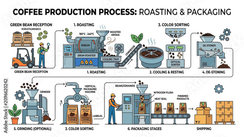 Coffee Production Process: Roasting, Packaging, and Shipping Infographic