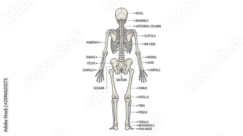 Bild auf Leinwand Human Anatomical Skeleton - Anterior View with Labels