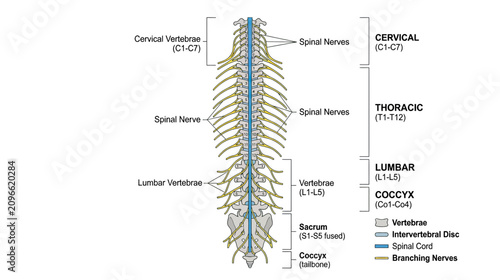 Human Spine Anatomy Diagram: Vertebrae, Spinal Cord, and Nerves