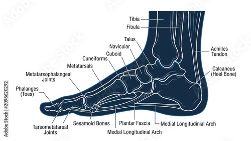 Tableau sur toile Human Foot Anatomy Diagram: Bones, Tendons, and Arches Labeled