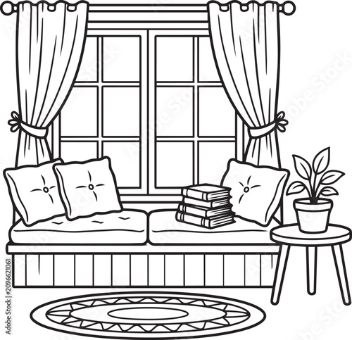 Peaceful Window Reading Corner Coloring Book Page with Bench Seat, Books and Cozy Indoor Outline Illustration