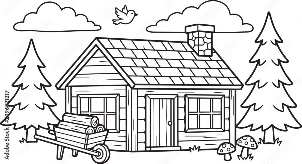 Fototapeta premium Beautiful Woodland Cabin Coloring Book Page with Wooden Wheelbarrow and Rustic Forest Clean Outline Illustration
