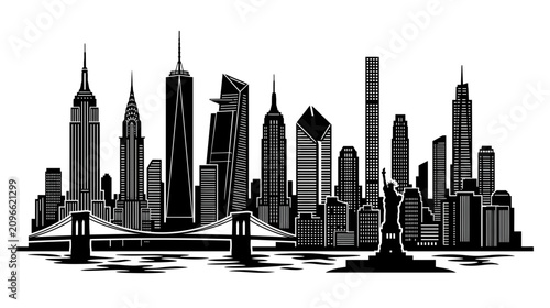 Tableau sur toile New York City Skyline Silhouette with Bridges and Statue of Liberty