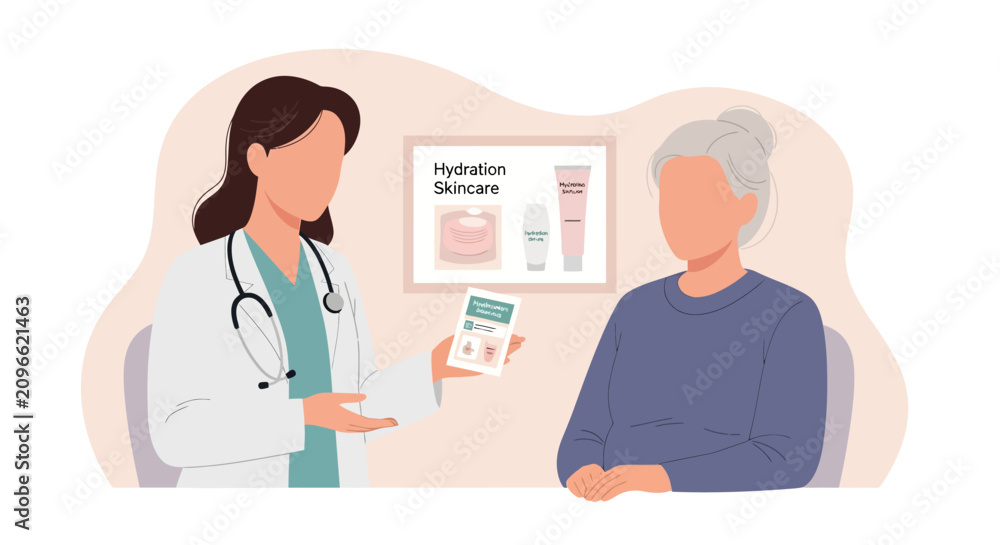 Fototapeta premium Flat faceless vector illustration of a female doctor in a white lab coat consulting an elderly woman patient about hydration skincare products, dermatologist holding a pamphlet.