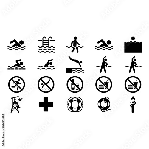 Swimming pool safety and activity icons set vector