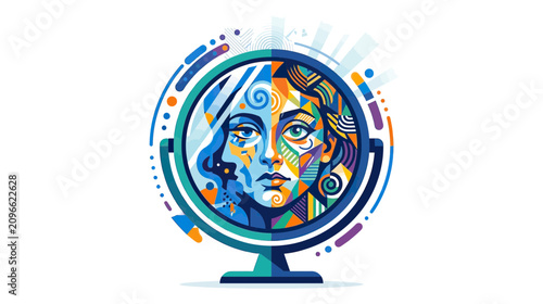 Foto Abstract Woman Face Reflected in Mirror with Geometric Patterns and Colors