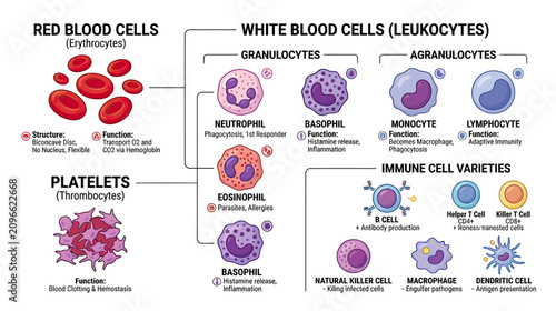 Bild auf Leinwand Human Blood Cells Diagram: Red Blood Cells, White Blood Cells, Platelets