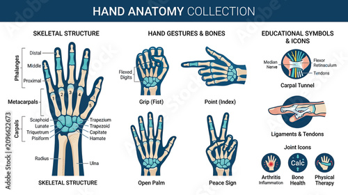 Konstfotografi Hand Anatomy Collection: Skeletal Structure, Gestures, Bones, Ligaments, and Ico