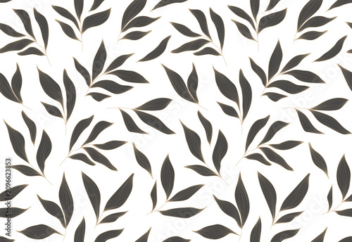 Seamless abstract foliage poster vector. Leaves pattern. Organic shapes, black and gold colors leaf branch on white. Illustration design for Eco packaging, interior, cover,  wallpaper, market.