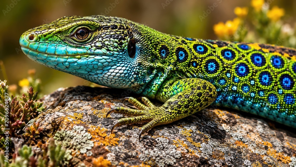 Fototapeta premium Colorful Green and Blue Lizard Close Up Resting on Sunlit Rock