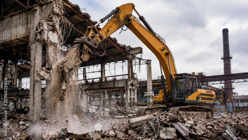 Fototapeta premium Excavator Demolishing Abandoned Industrial Building at Construction Site