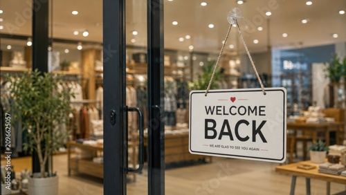 Welcome Back Sign Hanging on Modern Store Entrance Glass Door