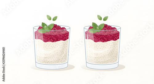 Two identical glasses of raspberry chia seed pudding