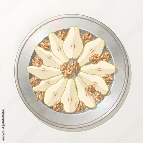 Sliced Pears and Walnuts on a Silver Platter