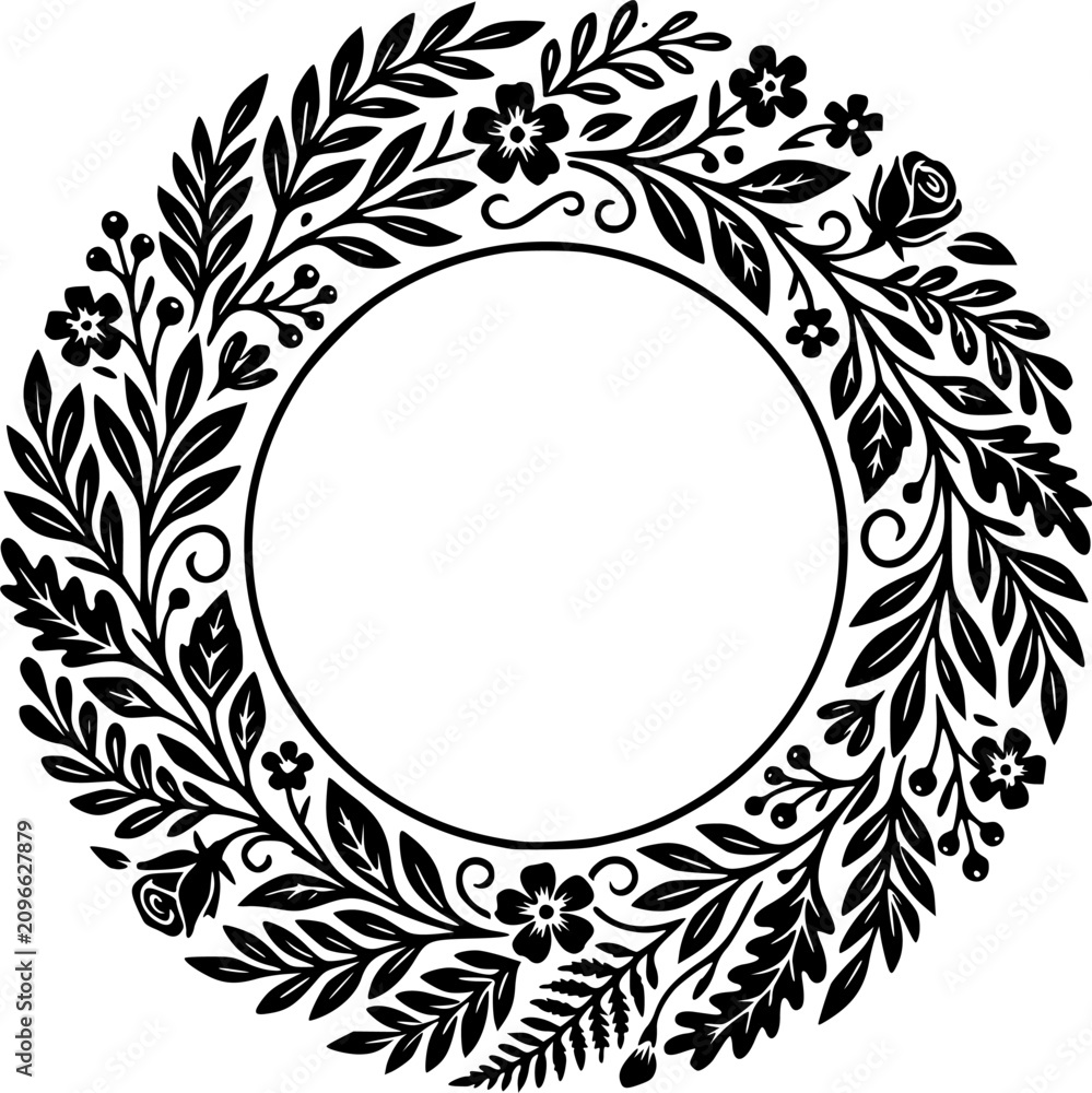 Obraz premium Elegant Floral Wreath Frame Silhouette Featuring Botanical Leaves, Flower Branches, Decorative Circular Border and Minimal Nature Ornament Design