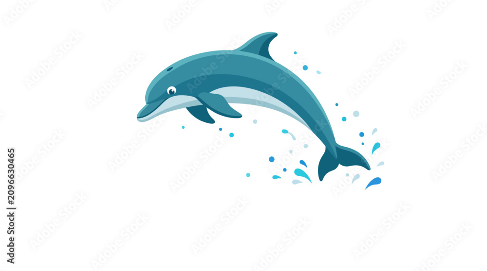 Fototapeta premium Happy jumping dolphin illustration with water splashes on white background.
