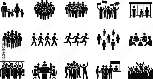 People icons set showing various social activities and group interactions black silhouettes on transparent background