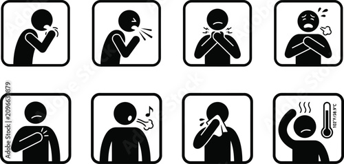 Medical symptom icons representing various common human illnesses and infectious diseases displayed on transparent background