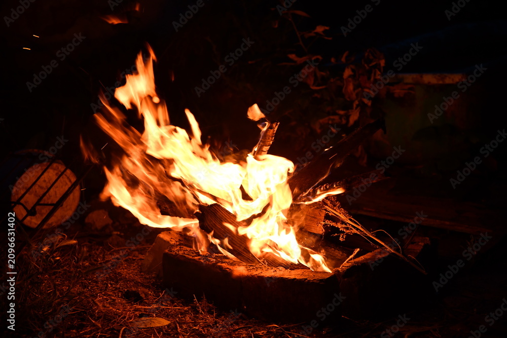 Fototapeta premium fire flames with sparks on a black background, close-up