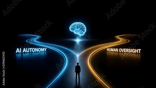 Silhouette of man standing at a crossroads looking at digital glowing brain between AI autonomy and human oversight paths on dark background