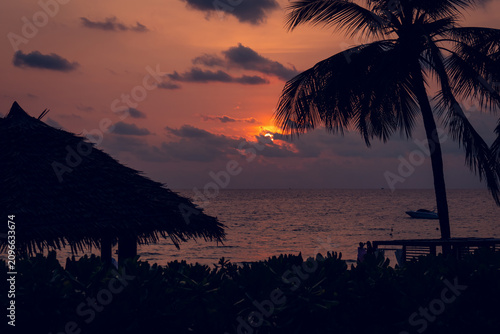 Fotografija Tropical sunset with palm tree and thatched hut silhouette overlooking calm ocea